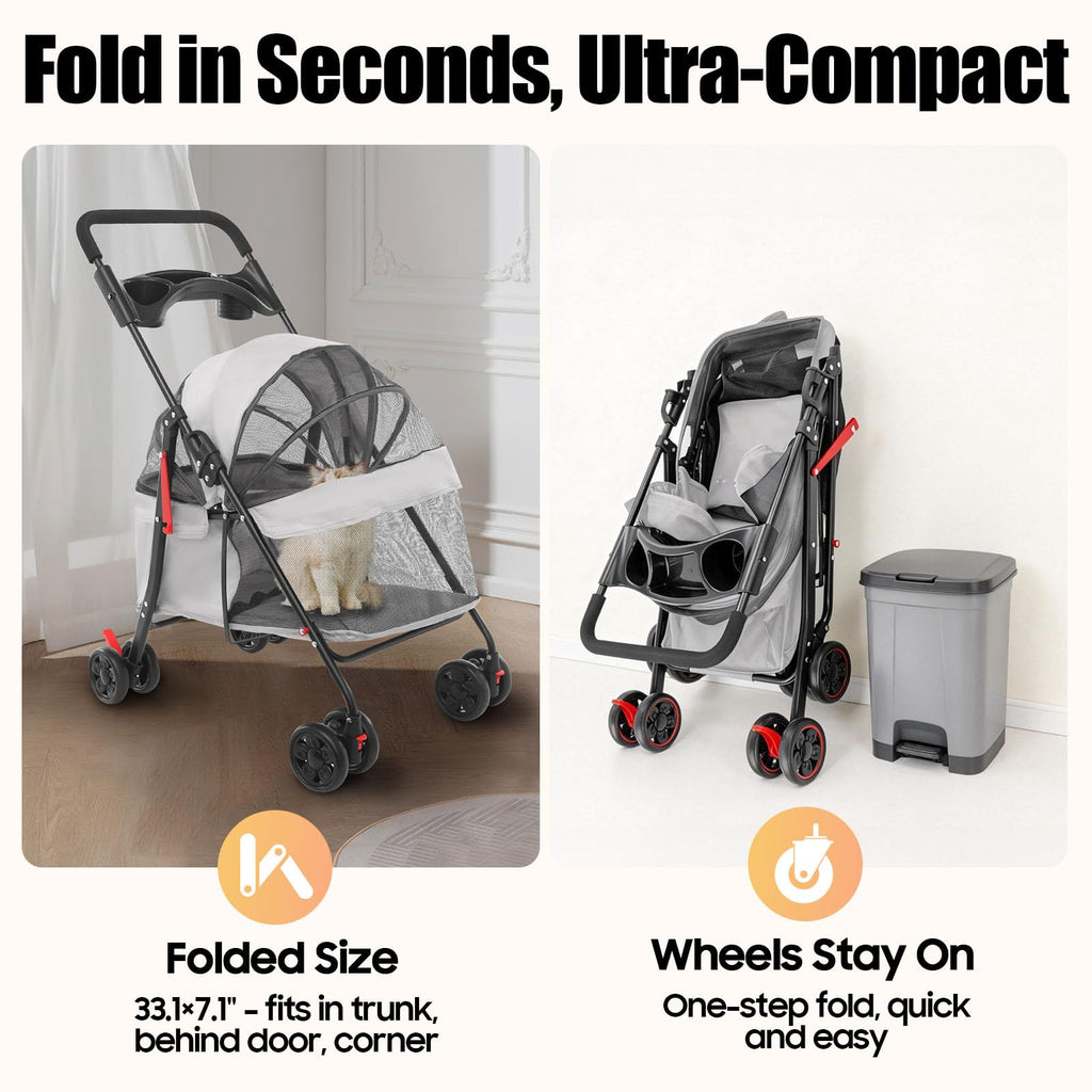 Pet Stroller for Small Medium Dogs Cats, Lightweight Foldable Pet Wagon with 360° Front Wheels & Brake, 40 lbs Capacity Carrier for Park Travel Shopping, Breathable Mesh Basket (Light Gray)