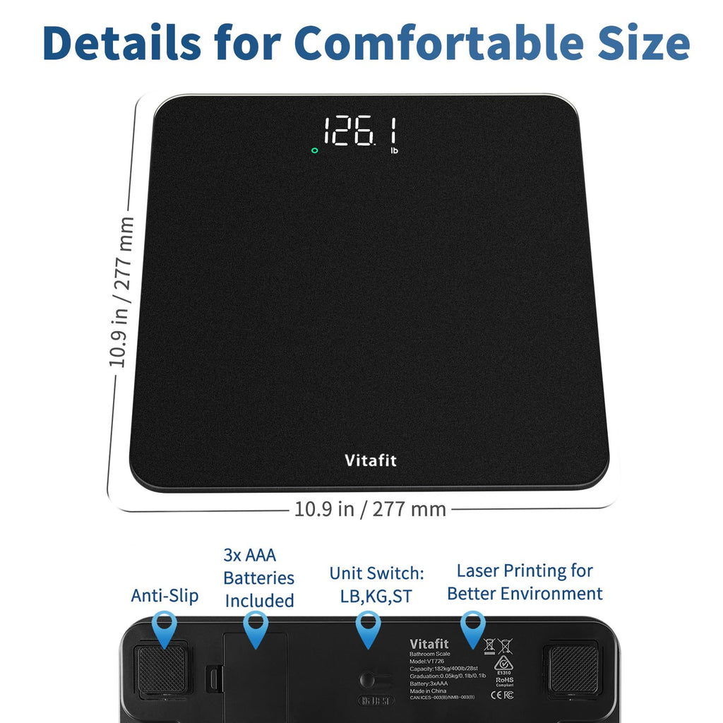 Vitafit Scale for Body Weight, High Accuracy 0.1lb by Our Professional Factory Since 2001, Digital Weight Scale LED and Step On, 3*AAA Batteries Included, 400lb/182kg, Spray Silver Black