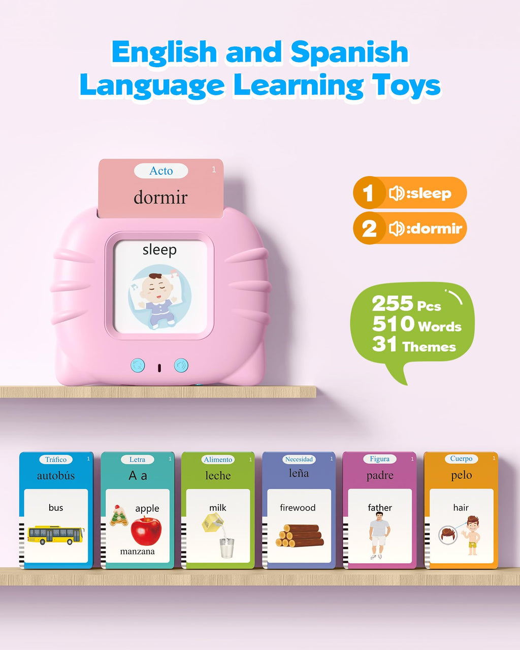 Bilingual Pink Spanish and English Talking Flash Cards, Pocket Speech Therapy Tools with 512 Words, Montessori Language Learning and Autism Aids, Children's Sensory Learning Kits, Birthday Present