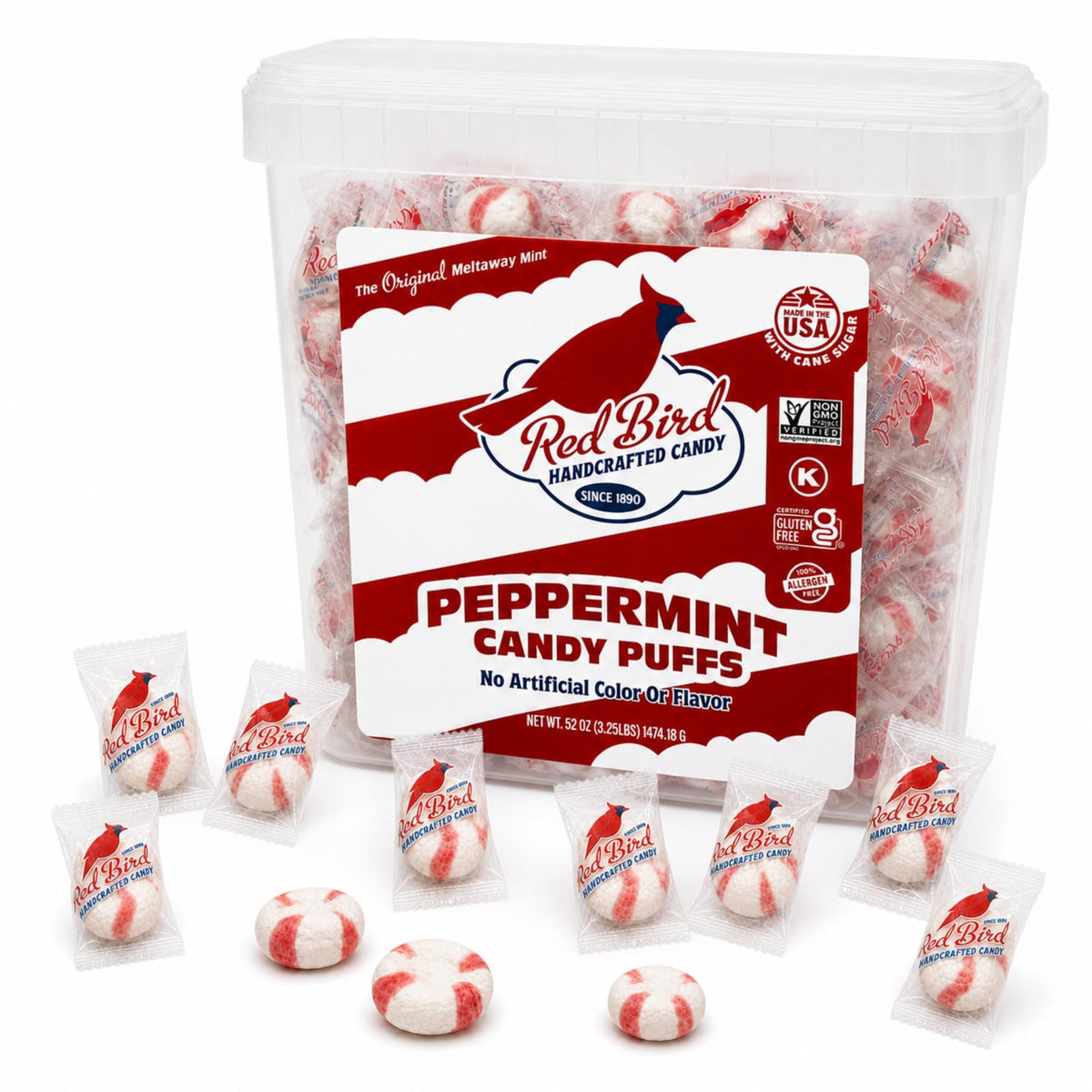 Red Bird Soft Peppermint Puffs, Soft Mints Individually Wrapped, 52 oz Tub