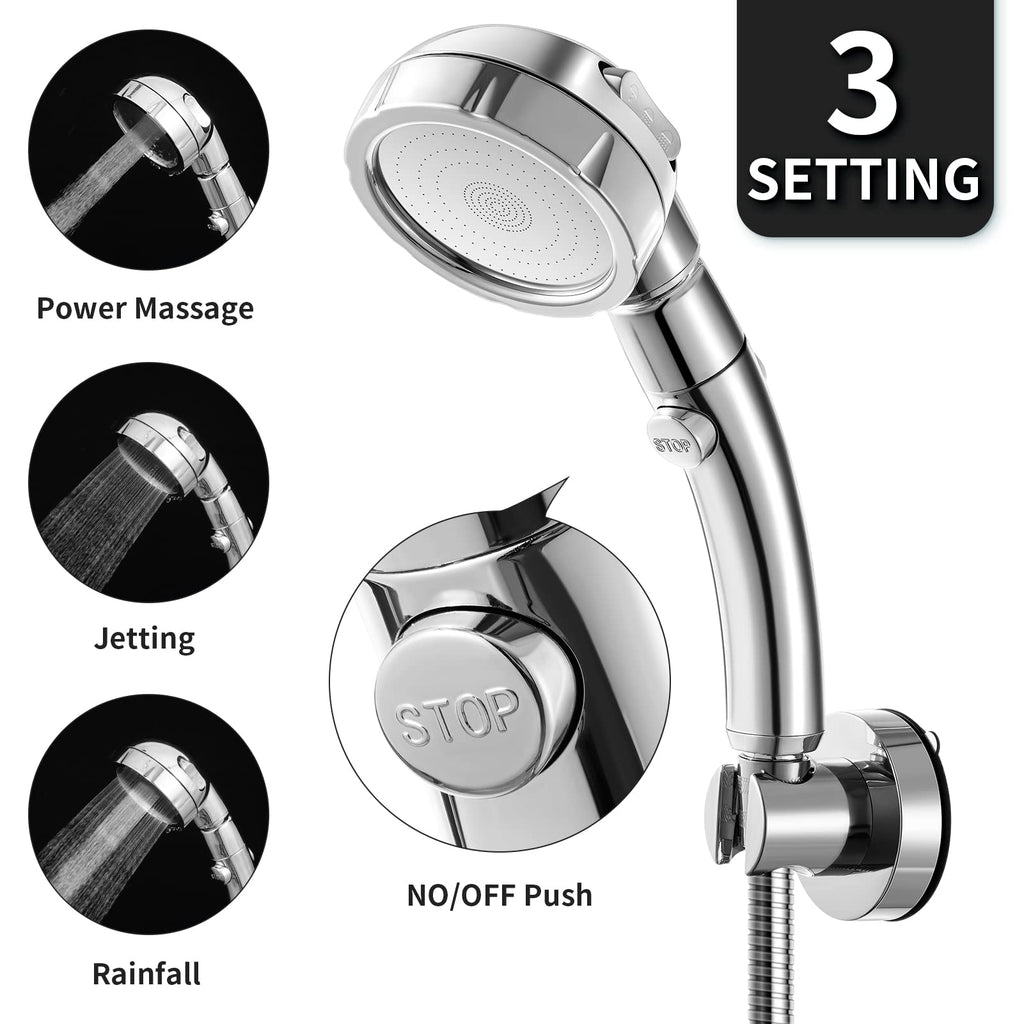Marbrasse 3-Settings Handheld High Pressure Showerhead with ON/Off Full Shutoff Push Button,Water-saving Camping Shower with Adjustable Angle(Vacuum Suction Shower Head Holder+5 Feet Shower Hose)