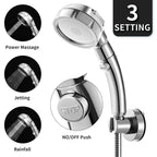 Marbrasse 3-Settings Handheld High Pressure Showerhead with ON/Off Full Shutoff Push Button,Water-saving Camping Shower with Adjustable Angle(Vacuum Suction Shower Head Holder+5 Feet Shower Hose)