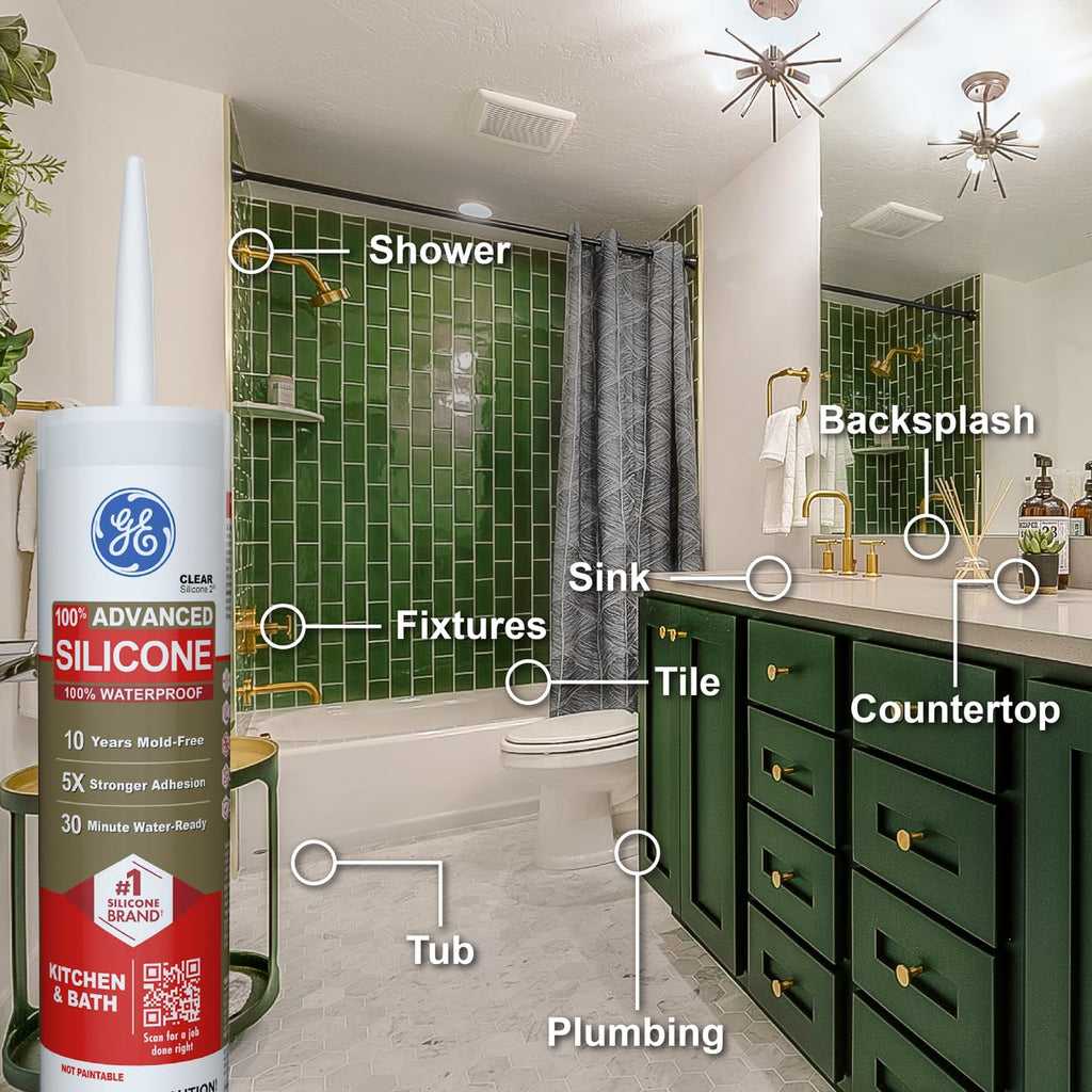 GE Advanced Silicone Caulk for Kitchen & Bathroom, Clear, 10 fl oz Cartridge, 12 Pack - 100% Waterproof Silicone Sealant, 5X Stronger Adhesion, Shrink & Crack Proof