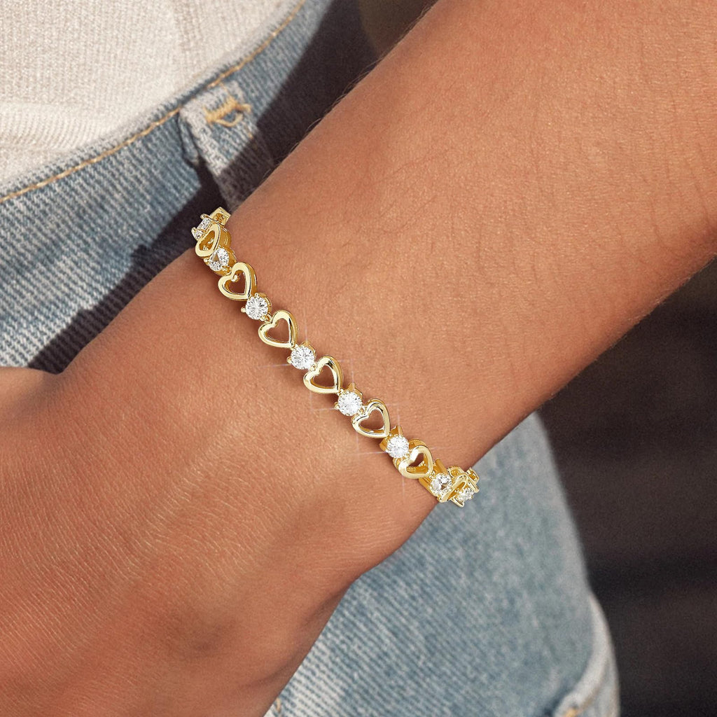 Goxygen Tennis Bracelet for Women - 14K Gold Plated Heart Cubic Zirconia Bracelet, Dainty Trendy Anniversary Birthday Christmas Jewelry Gift for Her