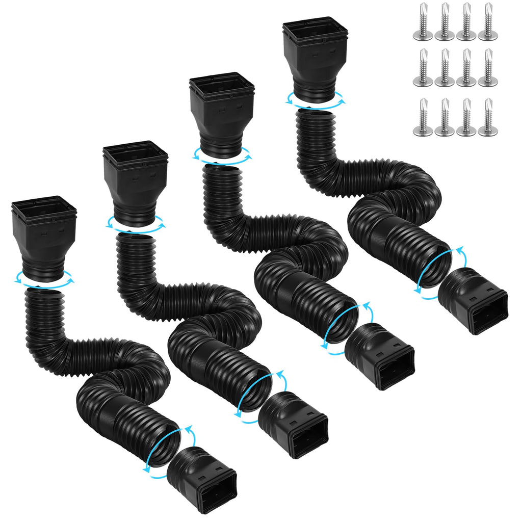 Gutterlix 4 Pack Flexible Gutter Downspout Extensions Extendable from 21" to 67", Downspout Extender Comes with Adapters, Thickened Down spout Drain Extension for Rainwater Drainage(Black)