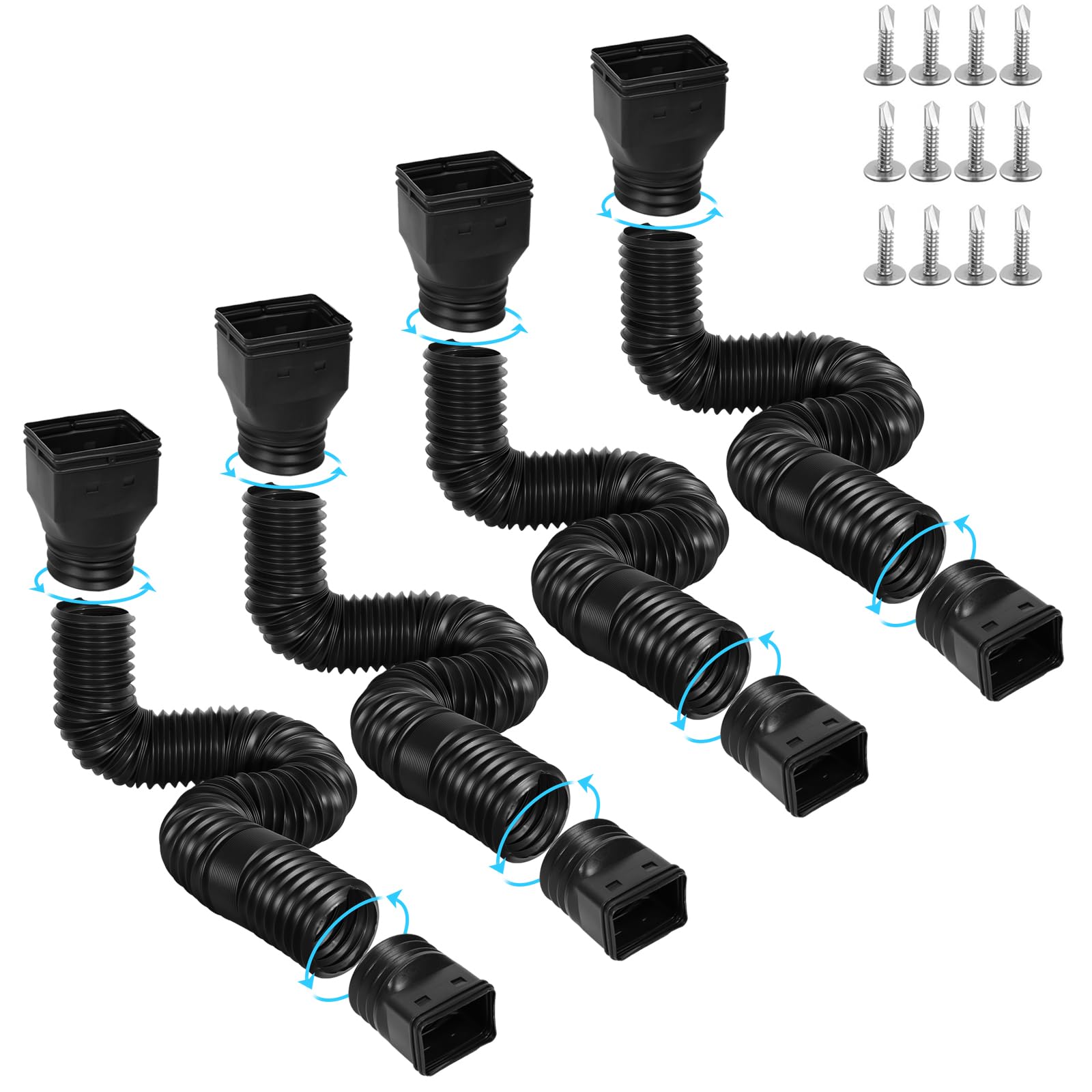 Gutterlix 4 Pack Flexible Gutter Downspout Extensions Extendable from 21" to 67", Downspout Extender Comes with Adapters, Thickened Down spout Drain Extension for Rainwater Drainage(Black)