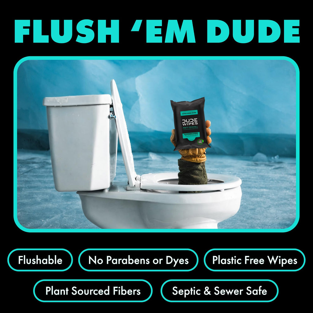 DUDE Wipes Mint Chill Travel Wipes - 6 Packs of 18 (108 Count) - Extra-Large Adult Flushable Wipes - Infused with Tea Tree Oil, Vitamin E, and Aloe - Septic and Sewer Safe