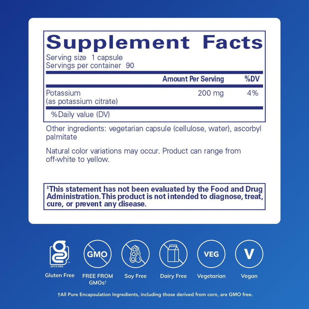 Pure Encapsulations Potassium (Citrate) - Essential Electrolyte Supplement to Support Nerve & Muscle Function, Adrenals, Hormones, Heart Health & Energy* - Potassium Citrate Capsule - 90 Capsules