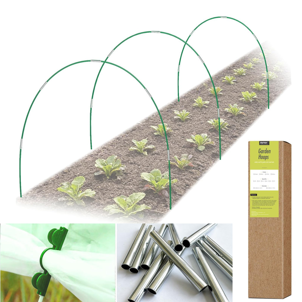 RIFNY 18 PCS Garden Hoops for Raised Beds, Greenhouse Hoops Kit Long Grow Tunnel for Row Cover, Rust-Free Fiberglass Garden Support Poles for Insect Mesh Netting Freeze Plant Cover (Green)
