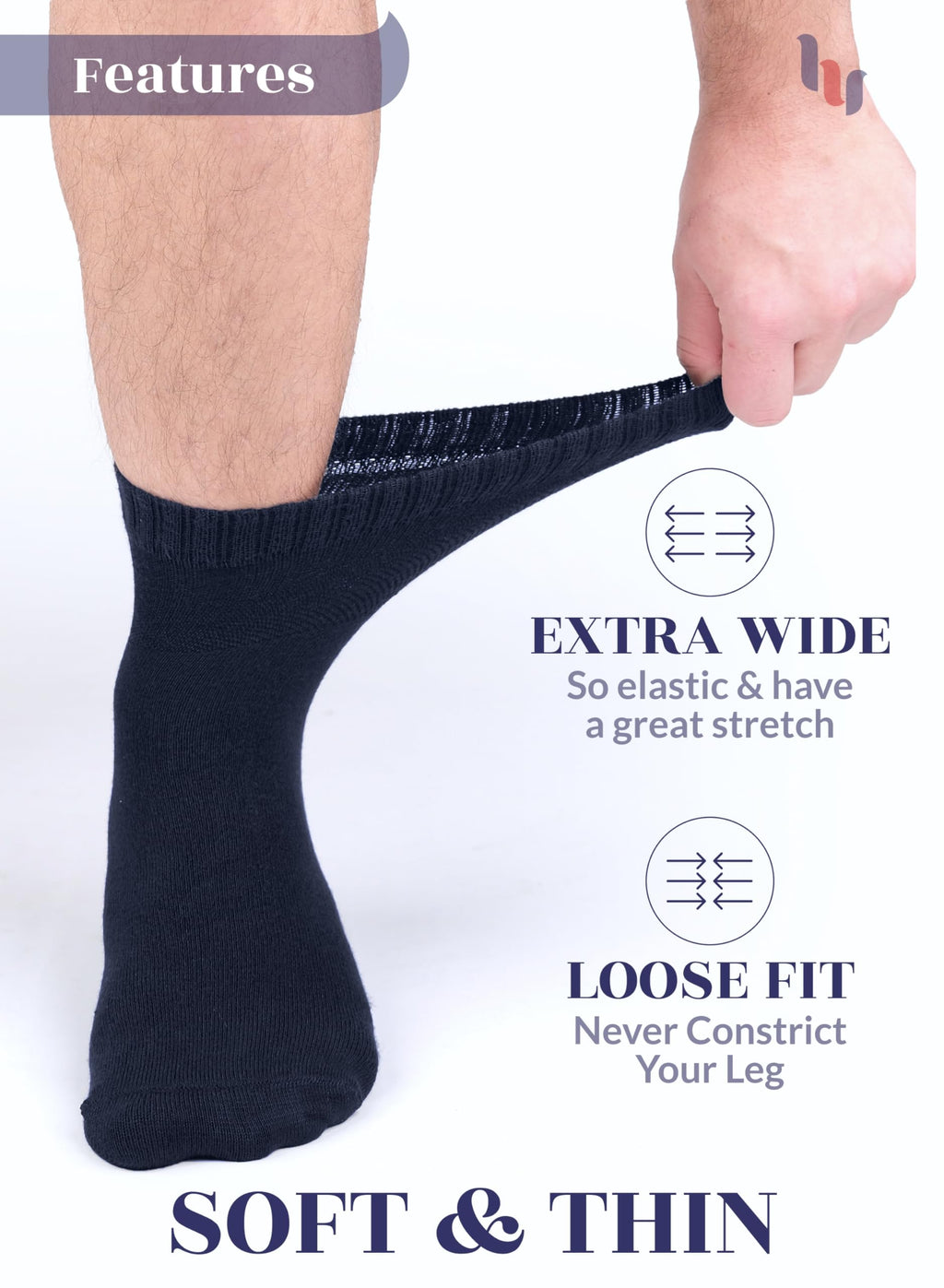 Hugh Ugoli Diabetic Socks for Men, Loose Ankle Extra-Wide Socks Rayon, Thin, Seamless Toe and Non-Binding Top, 8 Pairs, Navy Blue/Melange Grey, Shoe Size: 11-13