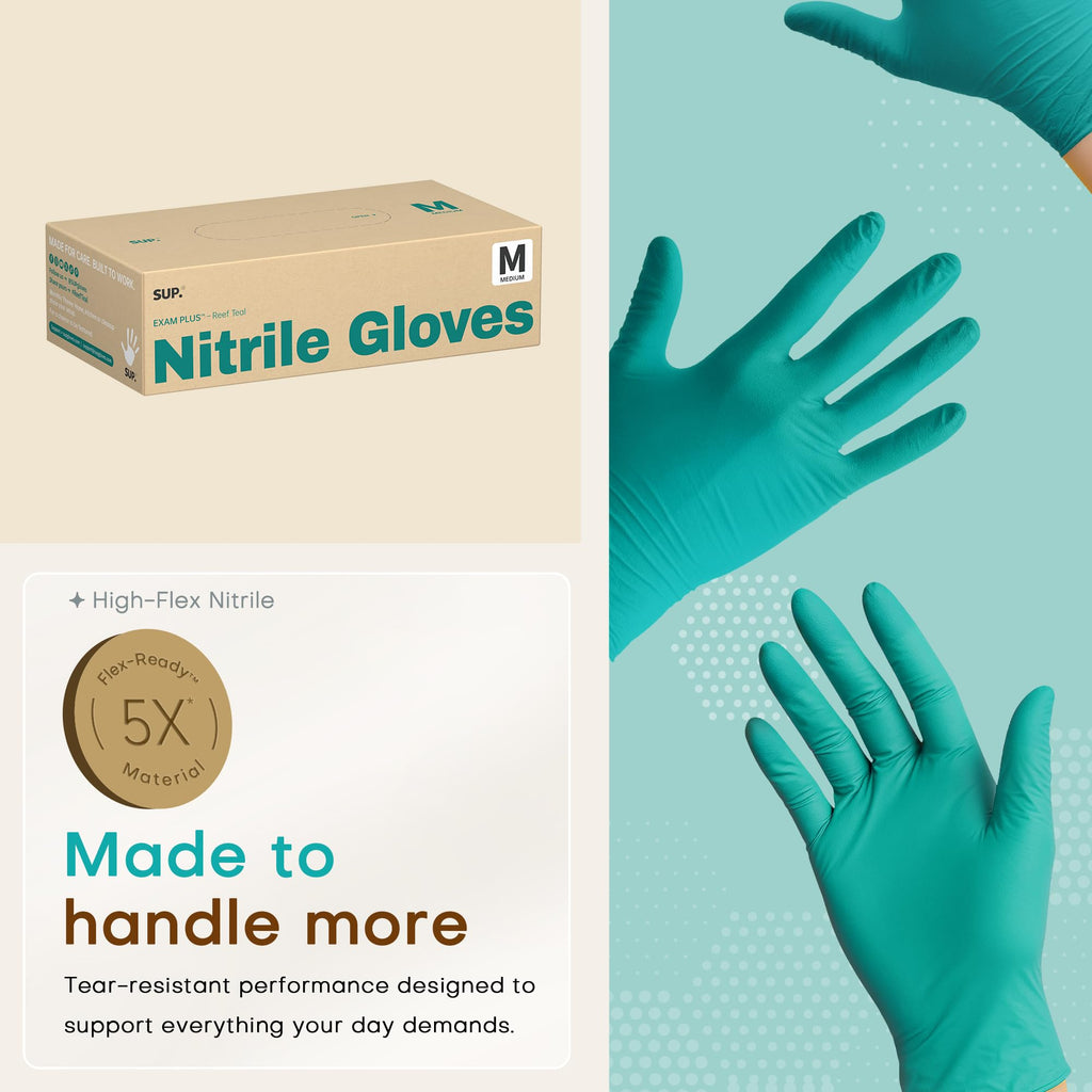 SUP Powder-Free Nitrile Exam Gloves, 100 Count Food Safe Latex-Free Disposable Gloves for Medical Cooking Cleaning Food Prep, Teal (Medium)