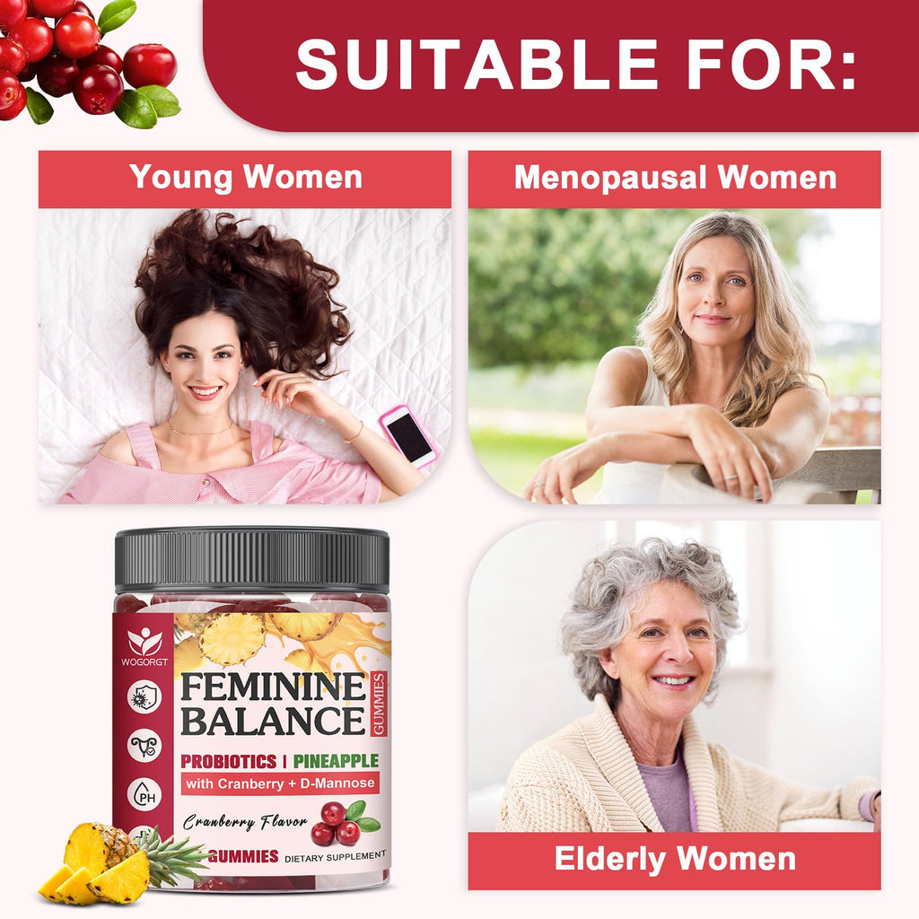 Feminine Balance Gummies for Women - Vaginal Health, pH Balance Support, Pineapple Probiotics Gummies for Women with Cranberry Extract and D-Mannose, Sugar Free, Vegan, Cranberry Flavor - 60Ct (2pack)
