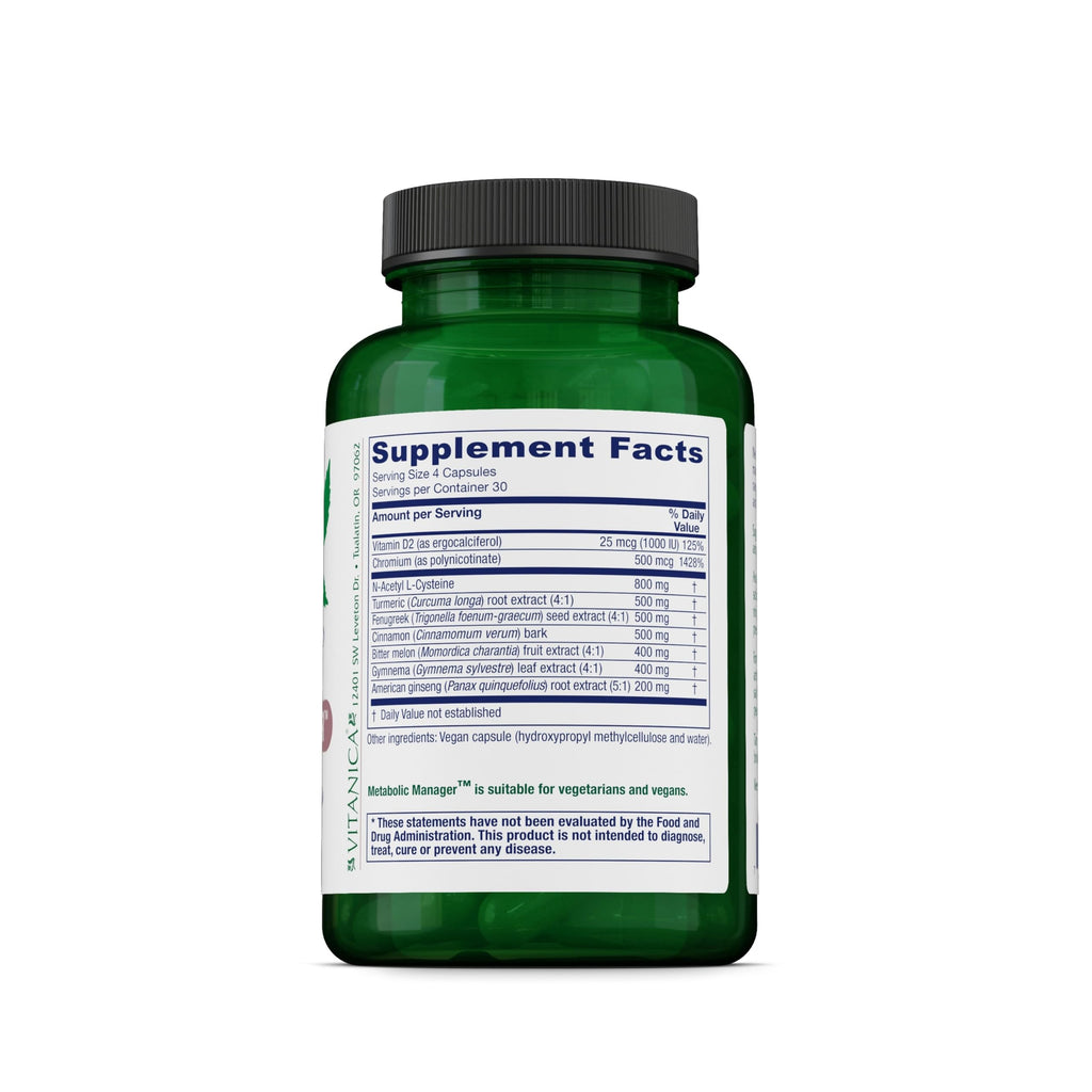 Vitanica Metabolic Manager - Herbal Supplement to Support Healthy Response - Dietary Supplement with Vitamin D - Vegan Antioxidant Supplement - Pro Logo - 120 Capsules