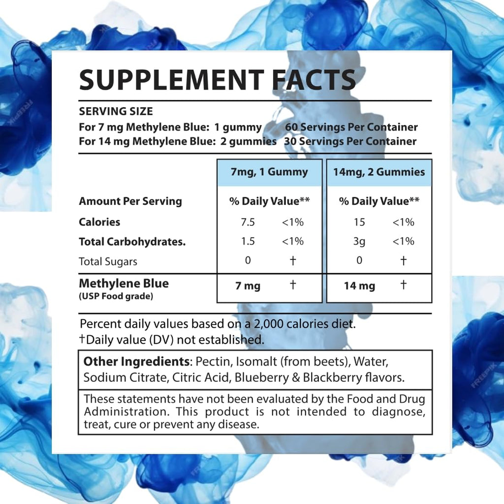 Holistic MD Methylene Blue for Humans USP Pharma Grade 7mg and 14mg dose - 3rd Party Certified Quality - Sugar Free Vegan - Berry Flavor 60 Gummies