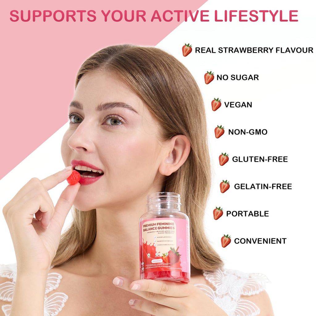 DEXOV Vaginal Probiotic Feminine Gummies for Women – pH Balance Support & Vitamin C, Strawberry Flavor, Vegan, Sugar-Free, Non-GMO, 60 Gummies (30 Servings)