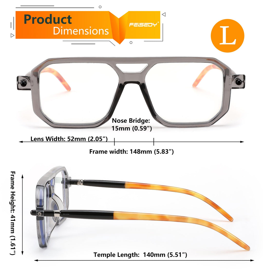 FEISEDY Reading Glasses Vintage Square Blue Light Blocking Glasses Women Men 70s Flat Aviator Glasses B0090 Grey 1.5x
