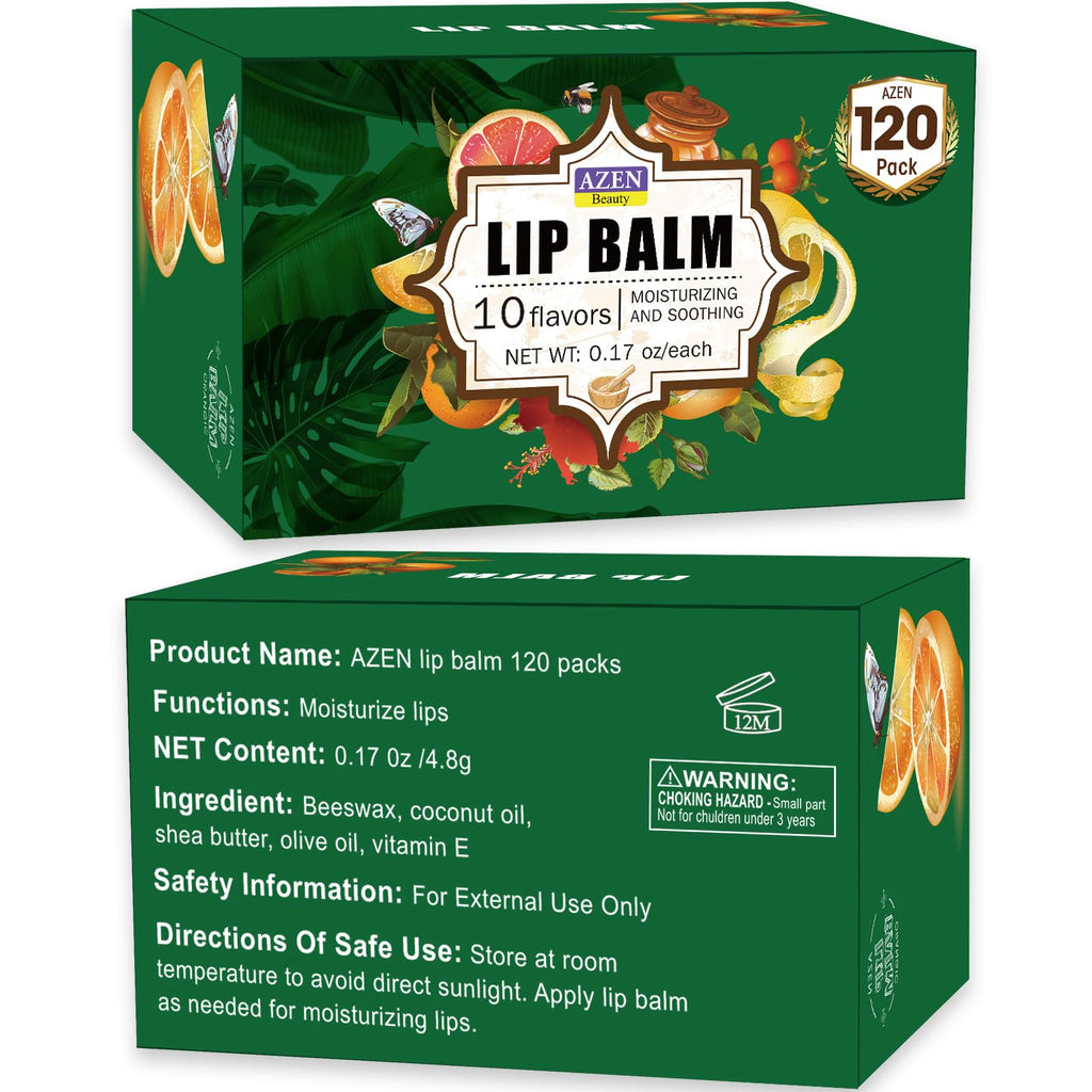 AZEN 120 Pack Lip Balm, Natural Lip Balm Bulk, Lip Care Product, Moisturizing Lip Balms for dry cracked lips, Valentines Gifts Easter Basket Stuffers - 10 Flavors