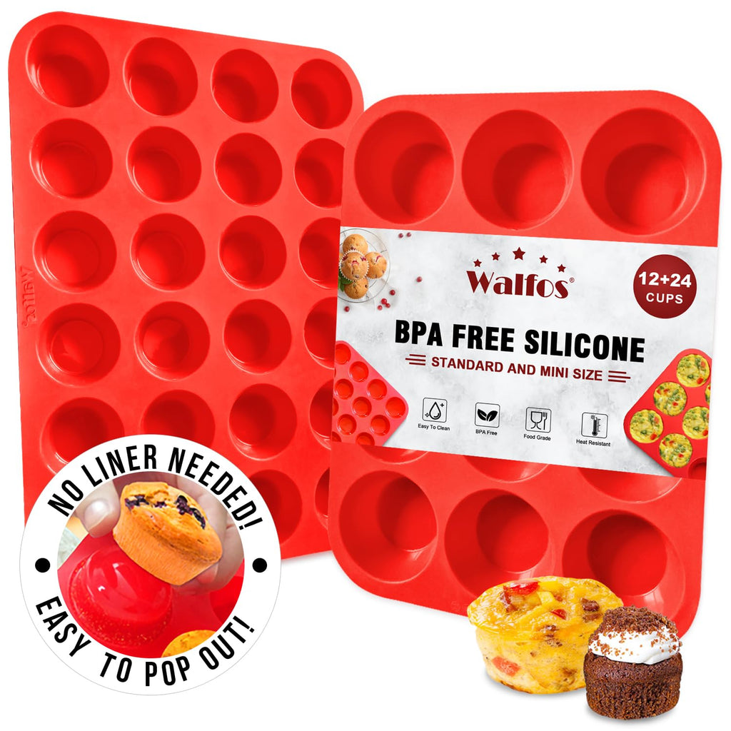 Walfos Silicone Muffin Pan Set - Regular 12 Cups Silicone Muffin Pan and Mini 24 Cups Cupcake Pan - BPA Free and Dishwasher Safe, Great for Making Muffin Cakes, Tart, Bread