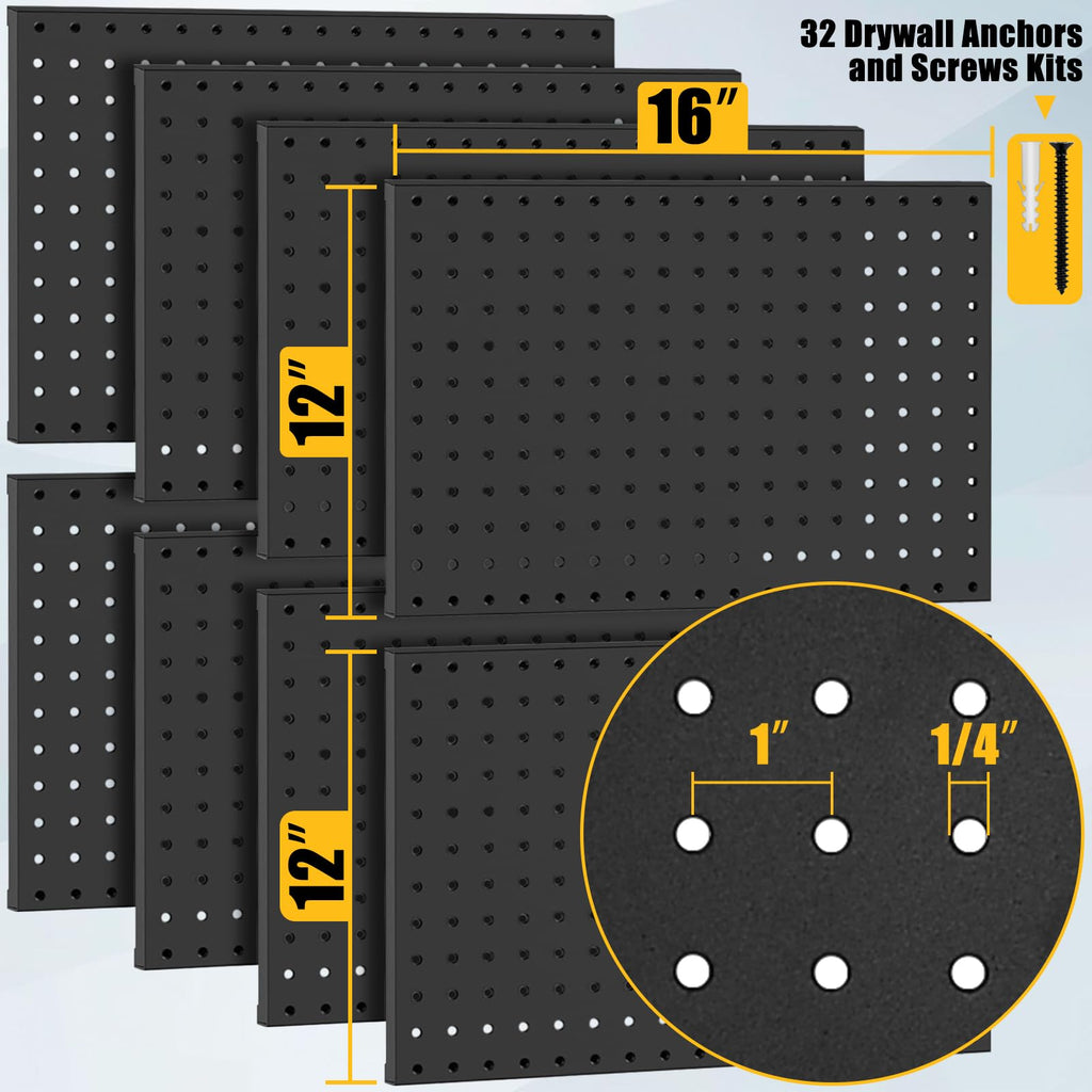 PBHEPJ 8 Pcs Metal Pegboard Panels, Heavy Duty Peg Boards for Garage and Garden Tool Storage, Includes Drywall Anchors and Screws Kits, Black (8 pcs 16in x 12in)