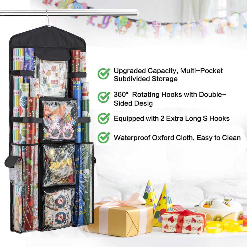 EOLIMEX Christmas Wrapping Paper Organizer Storage, Hanging Gift Bag Storage Organizer, Double-Sided Wrapping Paper Holder Storage - Black