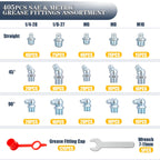 PAIGOIN Grease Fittings Kit, 405Pcs SAE & Metric Grease Fitting Assortment, NPT 1/4" 1/8" M6 M8 M10 Straight 45 90 Degree Grease Zerk Fittings with Caps and Wrench Kit(7-11Mm) for Grease Gun