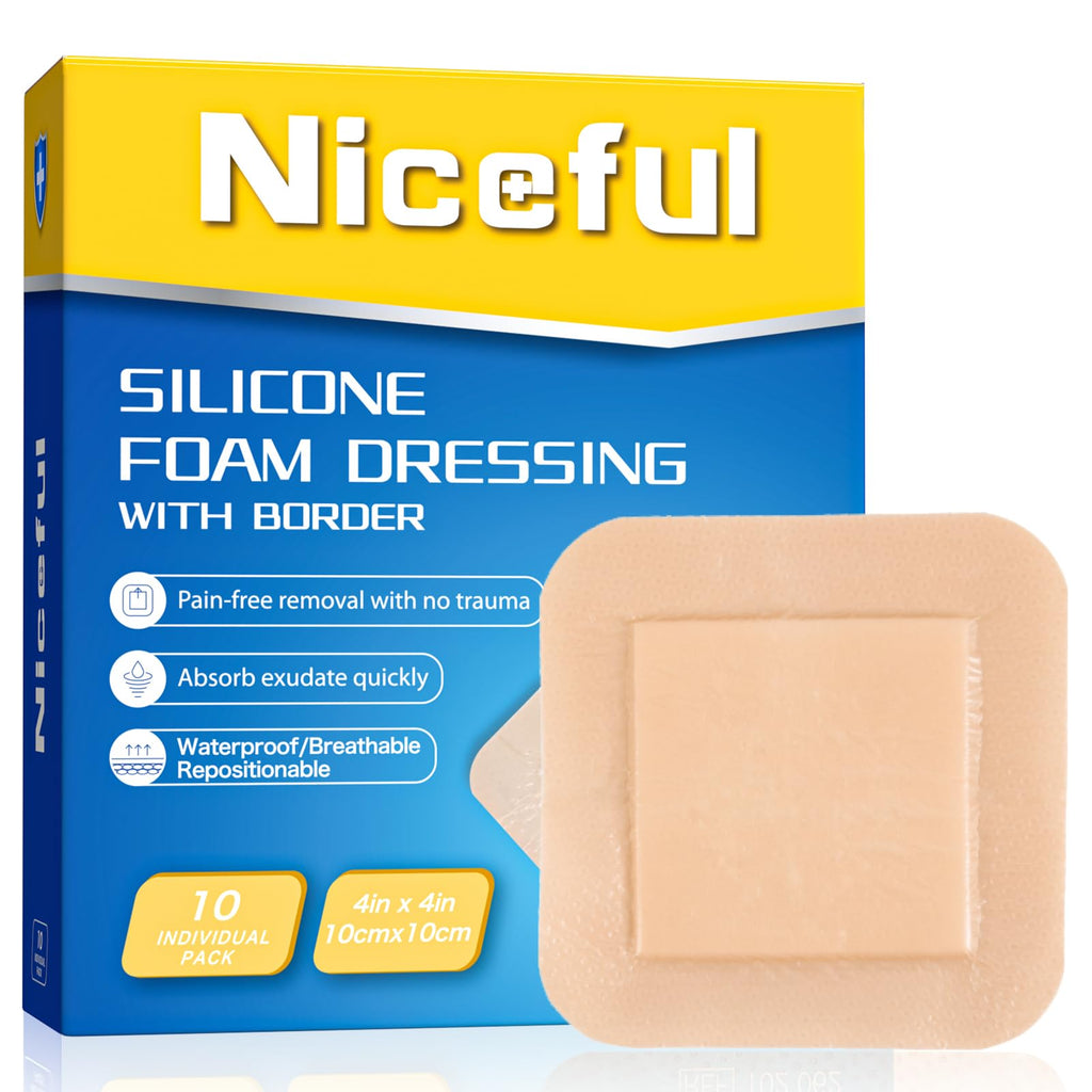 Silicone Foam Dressing 4"x4"(10 PCS), Waterproof Silicone Large Bandages for Wound with Border Adhesive, High Absorbency Bed Sore Bandages Wound Care Dressing (2.5"X2.5" Pad)