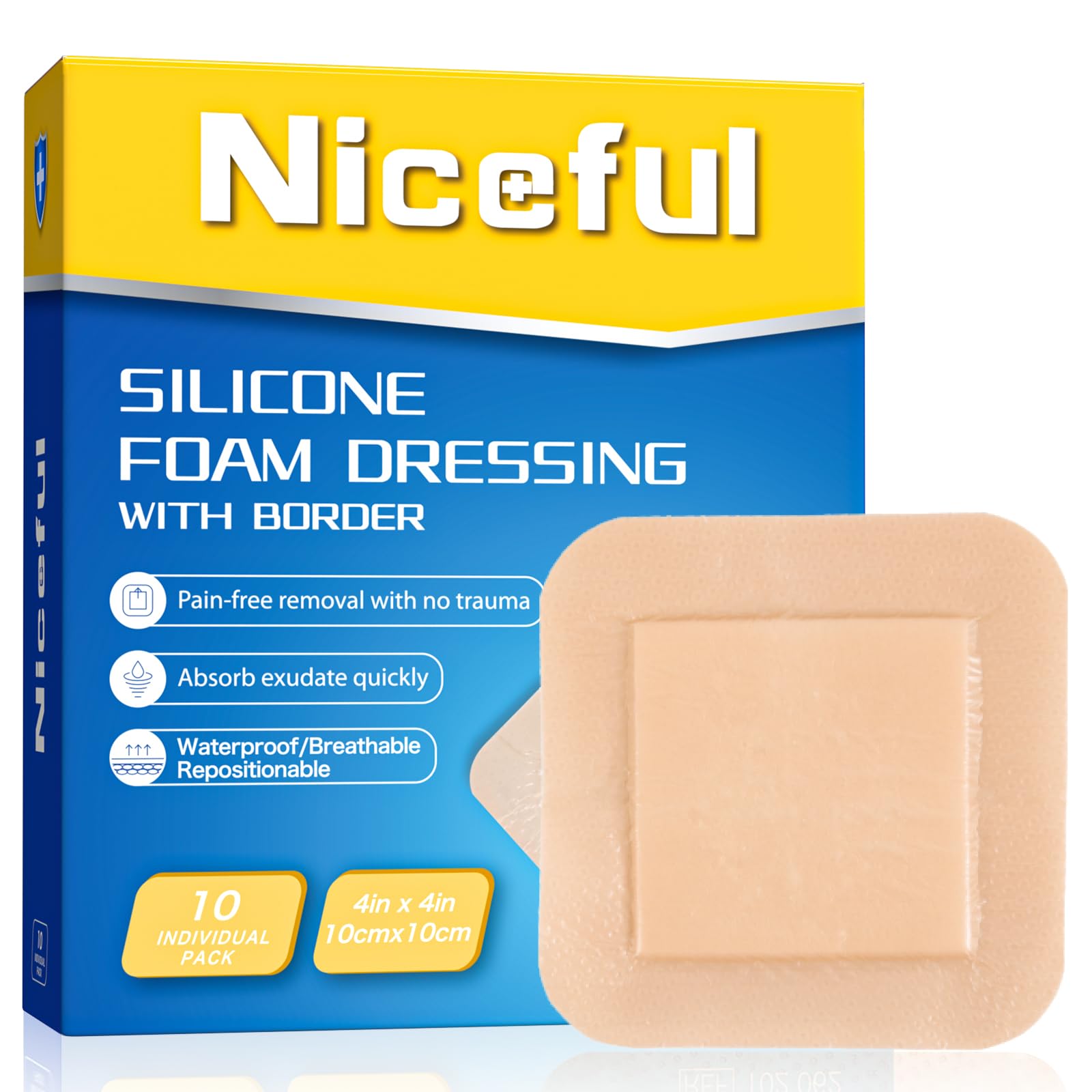 Silicone Foam Dressing 4"x4"(10 PCS), Waterproof Silicone Large Bandages for Wound with Border Adhesive, High Absorbency Bed Sore Bandages Wound Care Dressing (2.5"X2.5" Pad)