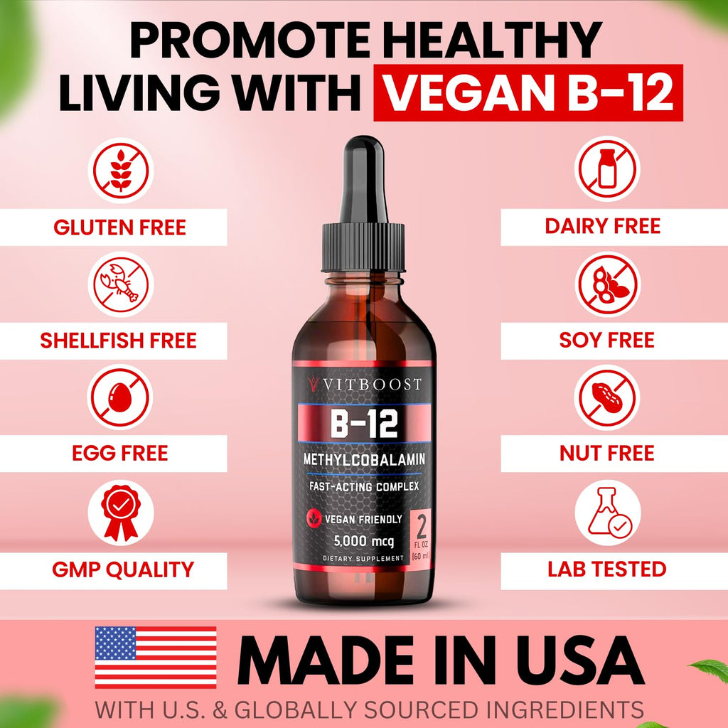 VITBOOST Vegan Liquid B-12 Drops – 60 x 5000 mcg Extra Strength Raspberry Flavored Vitamin B12 Liquid Methylcobalamin sublingual Supplement | Designed to Maximize Absorption & Energy | Gluten Free