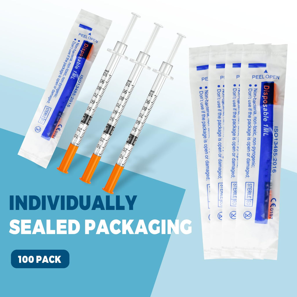 1ml/cc 30G 5/16" 8mm Scientific Lab Syringe, Pack of 100, Disposable Individual Package