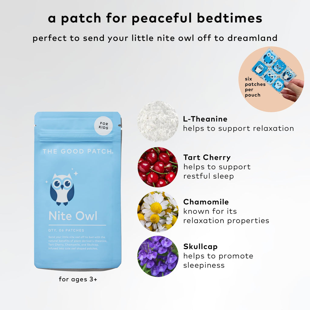 The Good Patch Nite Owl Patch, Natural Sleep Patch Support for Kid Bedtime with Tart Cherry, Chamomile, and Skullcap, Plant Powered, Sustained Release (12 Total Patches)