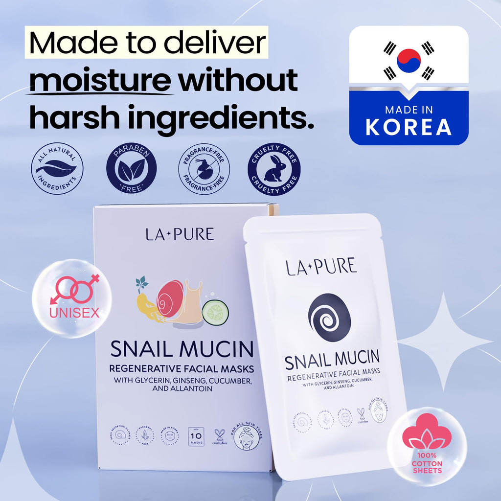 LA PURE Snail Mucin Mask – 10ct Korean Sheet Mask Pack for Signs of Aging, Aid Skin Repair & Hydration – Pure Snail Mask for Face with Collagen & Hyaluronic Acid – Cruelty-Free Hydrating Sheet Mask
