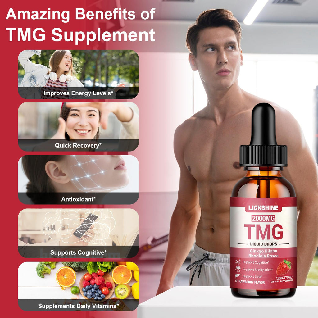 lickshine 1 Packs 2000MG TMG Suupplements Liquid Drops - Trimethylglycine, Ginkgo Biloba, Rhodiola Rosea & Vitamins B, High Absorption, Brain Function - Strawberry Flavor 2 Fl.Oz