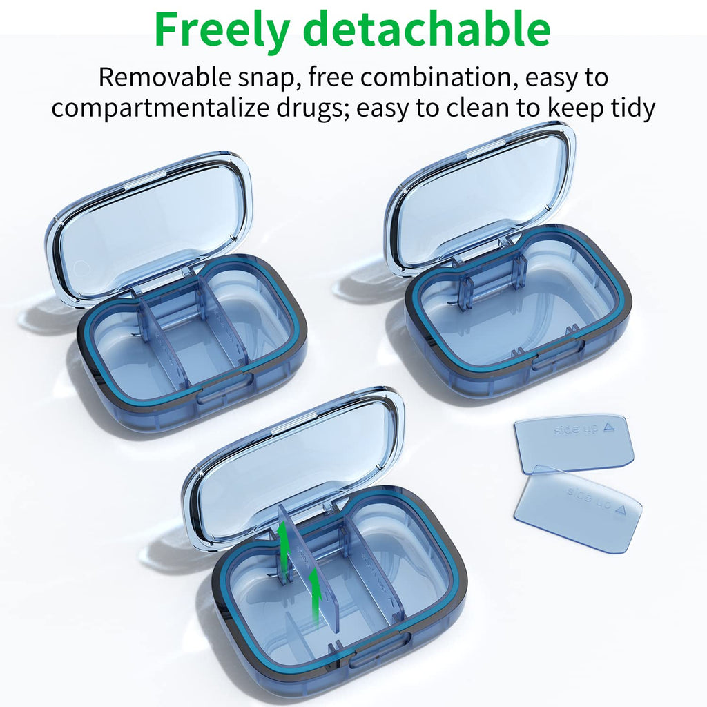 2 Pack 3 Compartment Small Pill Box, Moisture Proof Case, Travel Organizer for Pocket Purse, Daily Portable Medicine Vitamin Container, Fish Oil and Supplement Storage