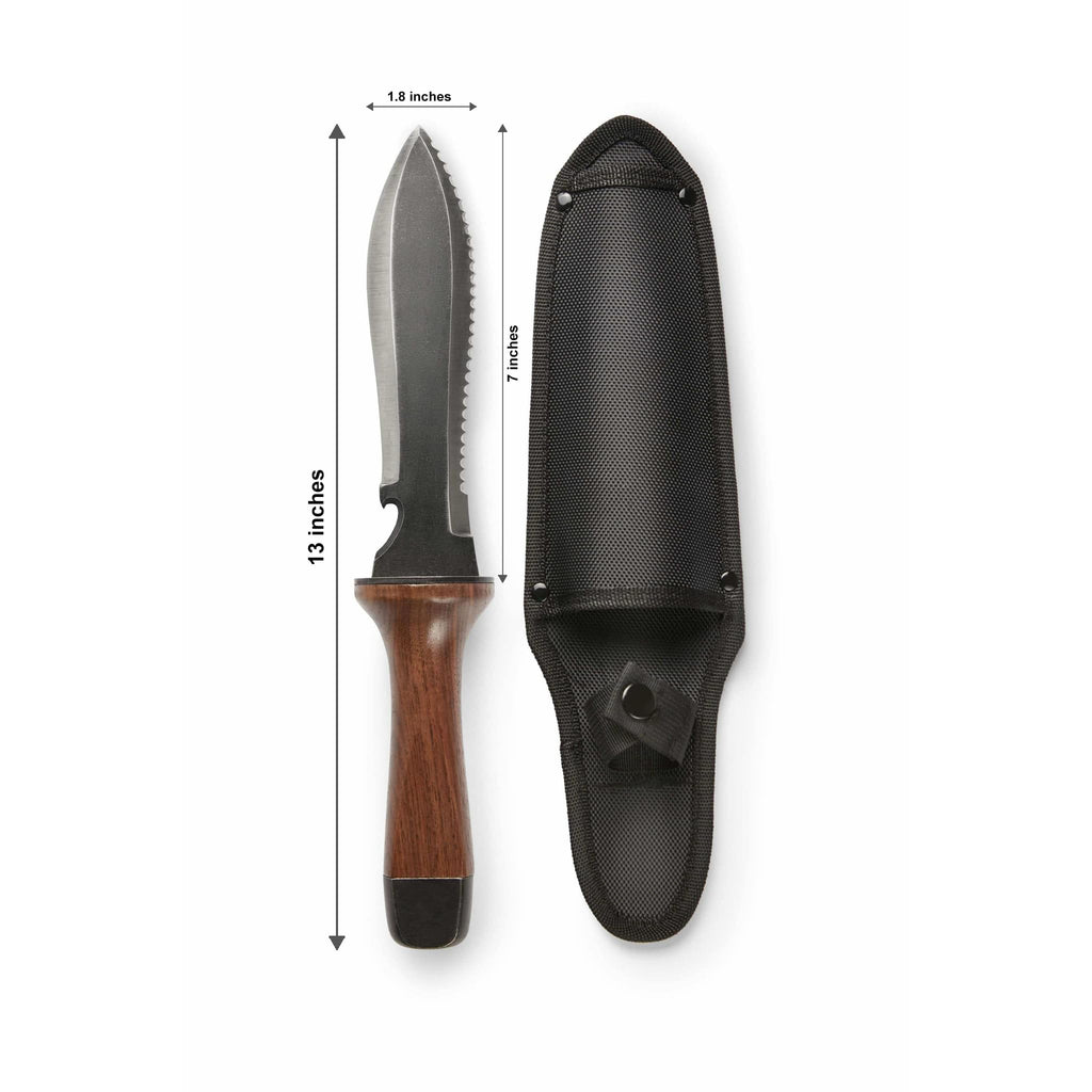 Hori Hori Garden Knife, Traditional Japanese Weeding Tool with ergonomic wooden handle. Large 7'inch blade with case. (Standard blade)