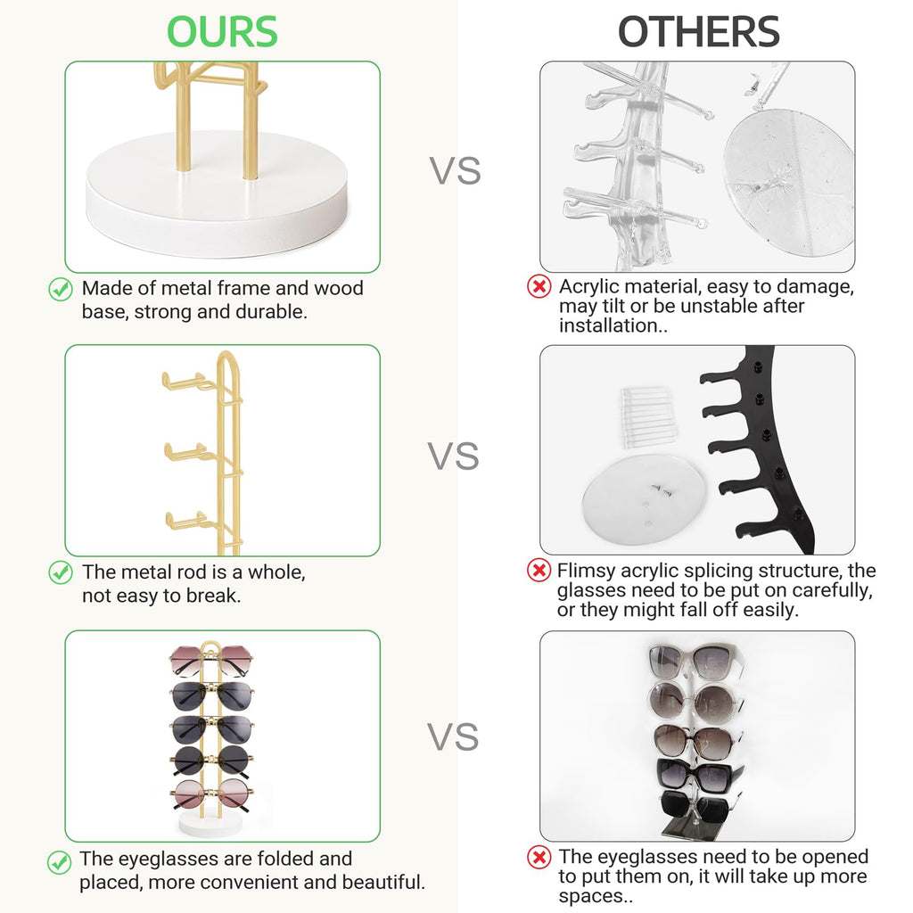 Mkono Sunglasses Organizer Glasses Holder Stand Sunglass Storage Eyeglasses Rack Metal Frame with Wood Base for 5 Pairs of Eyewear Display for Table Desk Countertop Dresser Bedroom, Set of 2, Gold