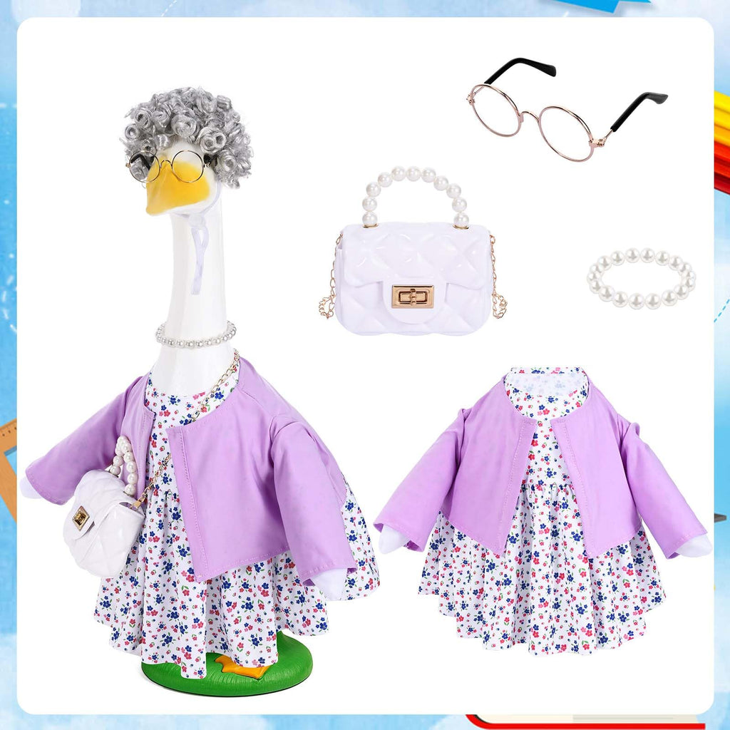 JcHrmers Old Lady Porch Goose Outfits Grandma Goose Clothes Old Lady Floral Goose Costume with Curly Wig Necklace Bag Fits 23" Geese Statue for School Lawn Patio Yard Garden Decor (Purple)