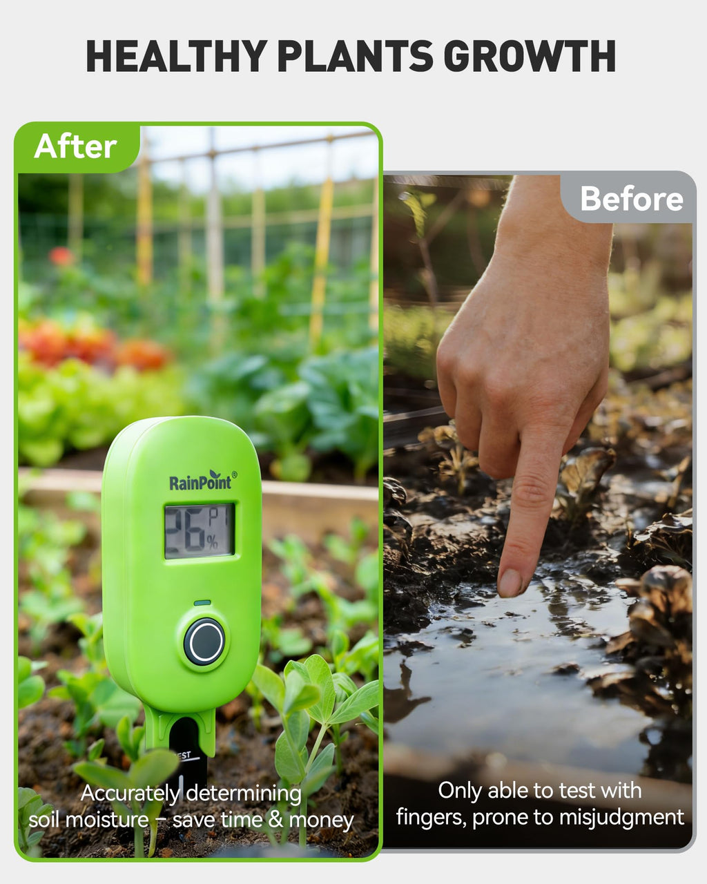 RAINPOINT Smart Soil Moisture Meter for Plants, Soil Hygrometer Sensor, Real-time Monitor Humidity Tester for Gardening, Farming, Indoor and Outdoor Plants Care, HWG023/HWG040 WiFi Hub Needed (Green)