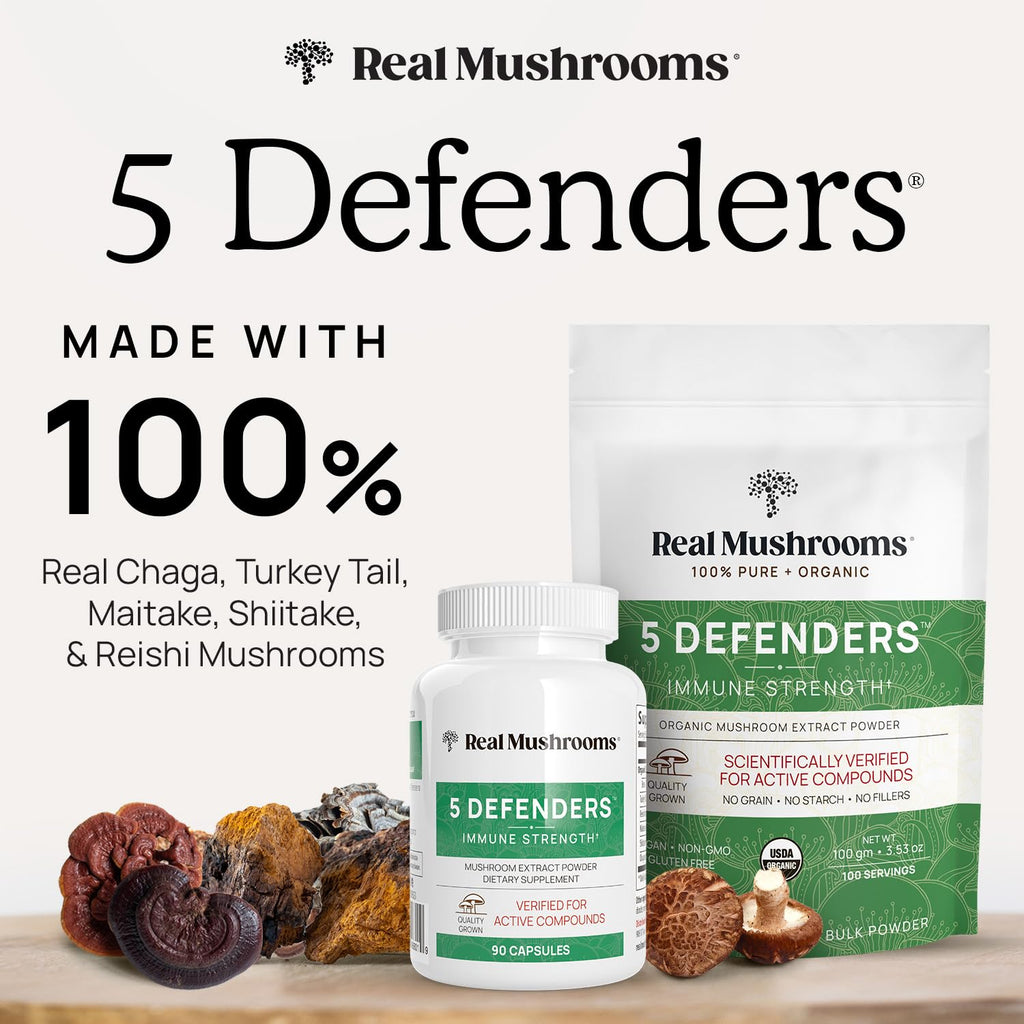 Real Mushrooms 5 Defenders - Adaptogenic Mushrooms Complex with Chaga, Reishi, Turkey Tail, Maitake & Shiitake for Wellness Support - Mushroom Beta Glucan Capsules - 90 Count (Pack of 2)