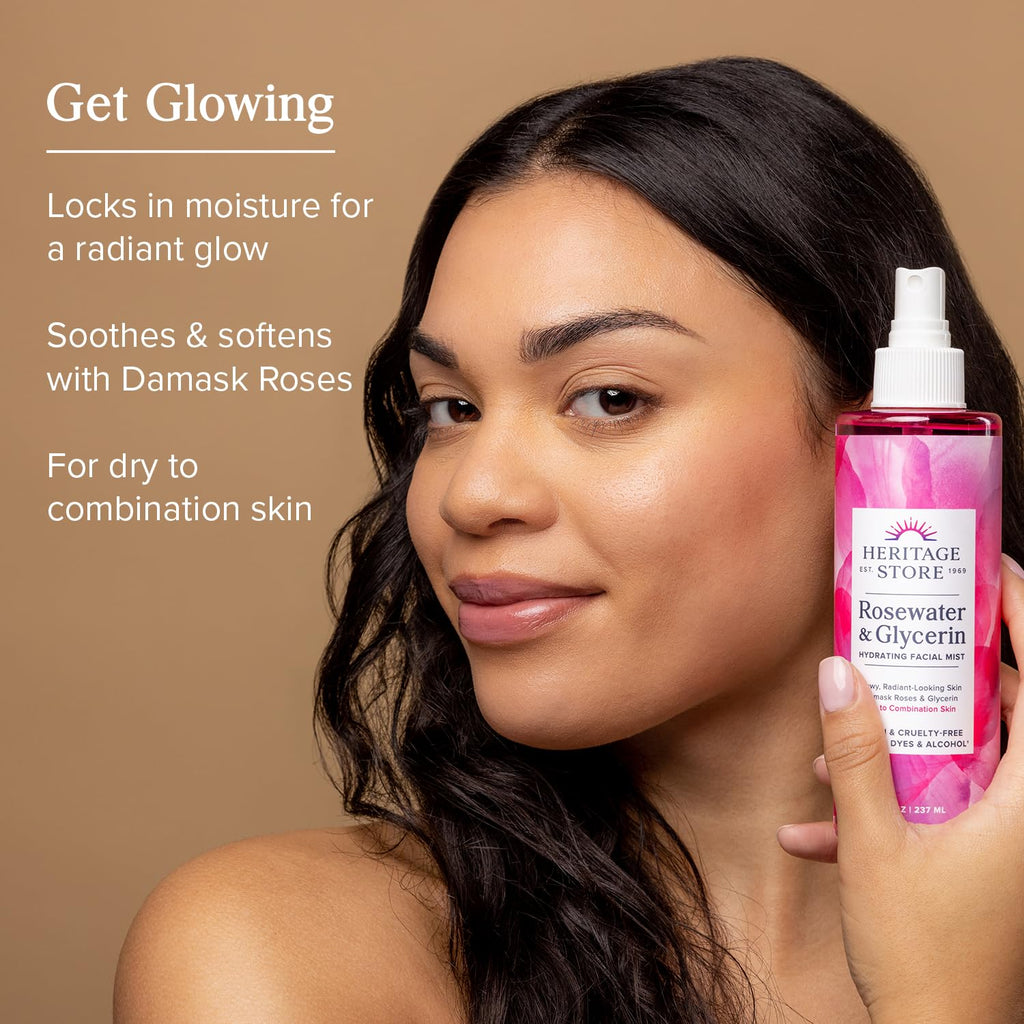 HERITAGE STORE Rosewater & Glycerin 2-pack - Hydrating Facial Mist - Dry Combination Skin Care - Rose Water Spray with Vegetable Glycerine - Made Without Dyes or Alcohol, Hypoallergenic, Vegan, 8oz ea