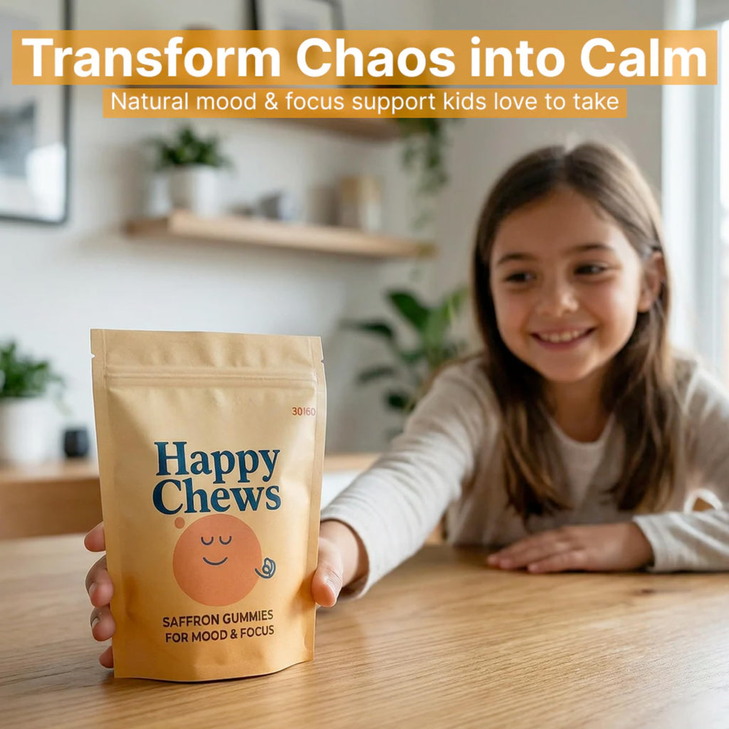 Happy Chews Saffron Gummies for Kids | Supports Mood, Calm & Focus | Saffron Extract, Passionflower, St. John’s Wort & GABA | Sugar-Free, Gluten-Free, Vegan, Non-GMO (60 Gummies)
