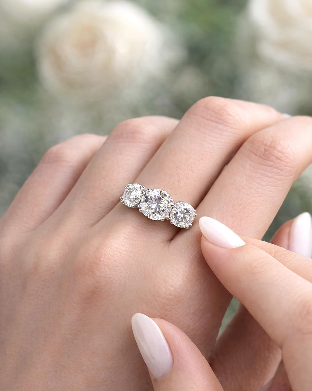 4 Carat Moissanite Rings for Women, Three Stone Moissanite Engagement Ring 14K White Gold Plated Promise Ring for Her, Round Brilliant Cut Anniversary Wedding Ring Trilogy Jewelry, D Color VVS1 (Silver, 6)