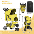 Magshion 3-Wheel Pet Stroller, Foldable Travel Jogger for Small & Medium Dogs & Cats (Up to 33lbs), Lightweight Carrier with Breathable Mesh Cover, Cup Holder & Storage Basket, Yellow