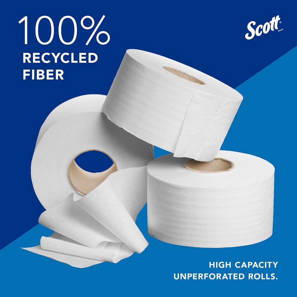 Scott Professional 100% Recycled Fiber High-Capacity Jumbo Roll Toilet Paper, Bulk (67805), 2-Ply, Septic Safe, White, Non-Perforated (12 Rolls at 1,000' Each, 12,000'/Case)
