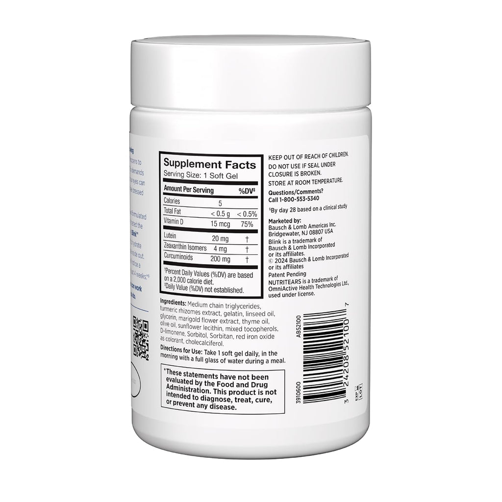 Blink NutriTears Clinically Proven Supplement for Dry Eyes, Eye Care with Lutein & Zeaxanthin and Vitamin D to Hydrate Eyes from Within for Long-Lasting Relief, 50 Softgels