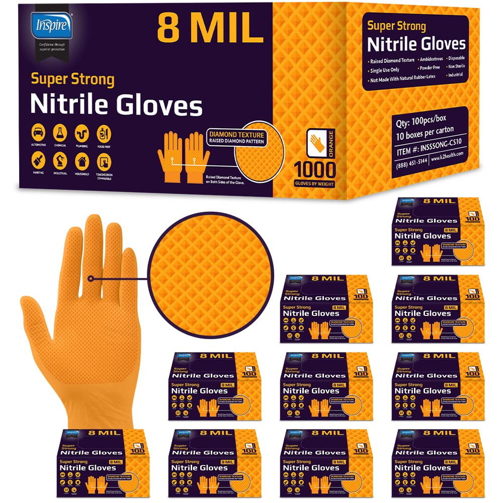Inspire Heavy Duty Orange Nitrile Gloves | ULTRA 8 Mil Diamond Textured Grip | Industrial Mechanic Disposable Cleaning Gloves (1000, XXL)