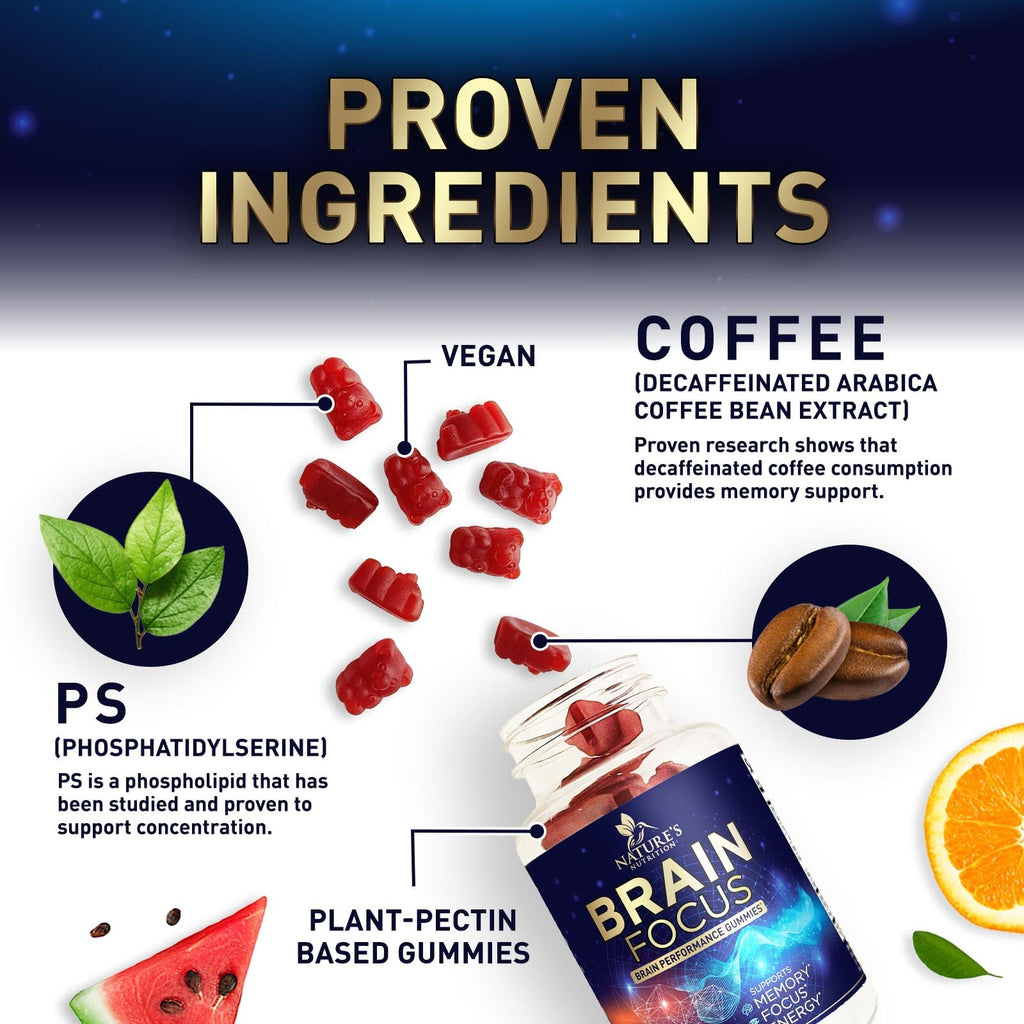Brain Supplements for Memory and Focus with Phosphatidylserine, Nootropic Memory Supplement Gummy for Brain Health, Concentration, Mental & Cognitive Support, Focus Vitamins with B6 & B12-60 Gummies
