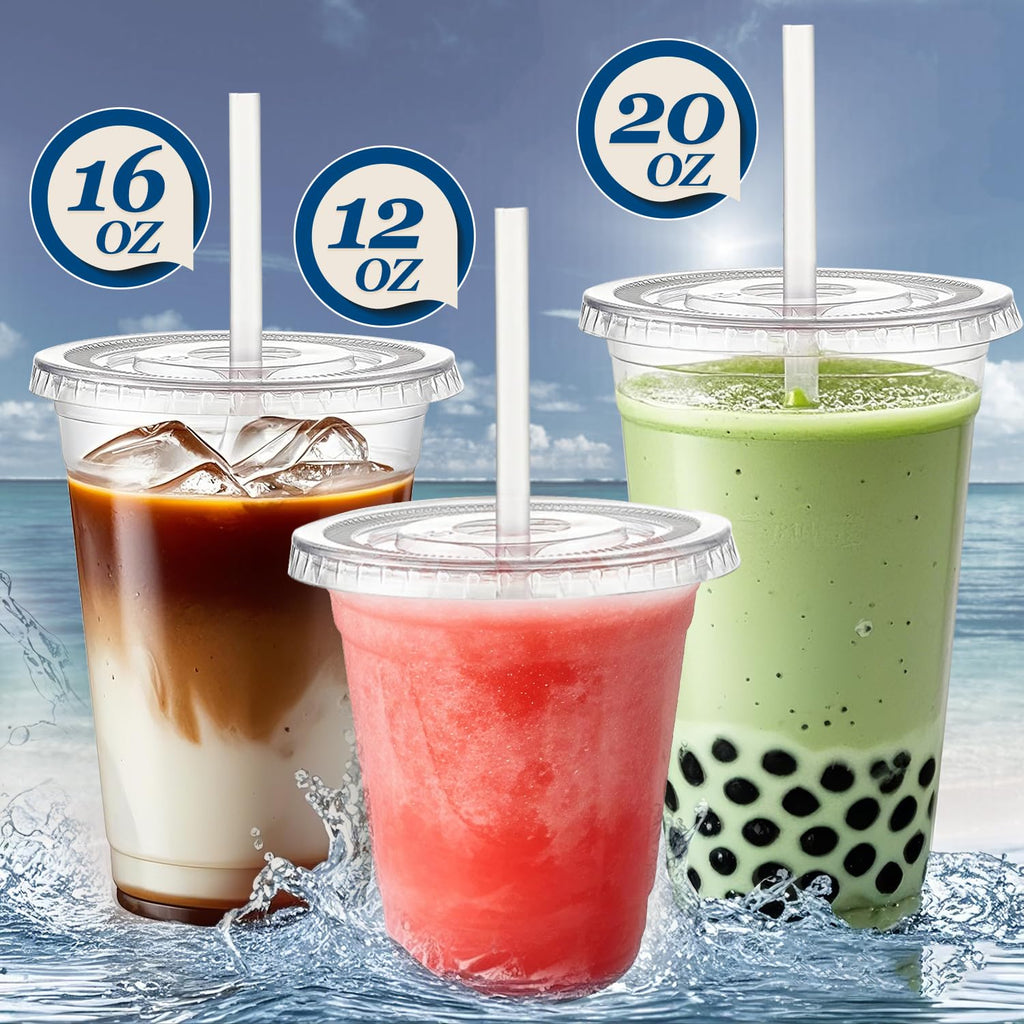 Charmount 100 Sets- 20 oz Clear Plastic Cups with Lids and Straws, Disposable To Go Cups for Cold Drinks, Coffee Bar Accessories, Iced Coffee, Smoothies