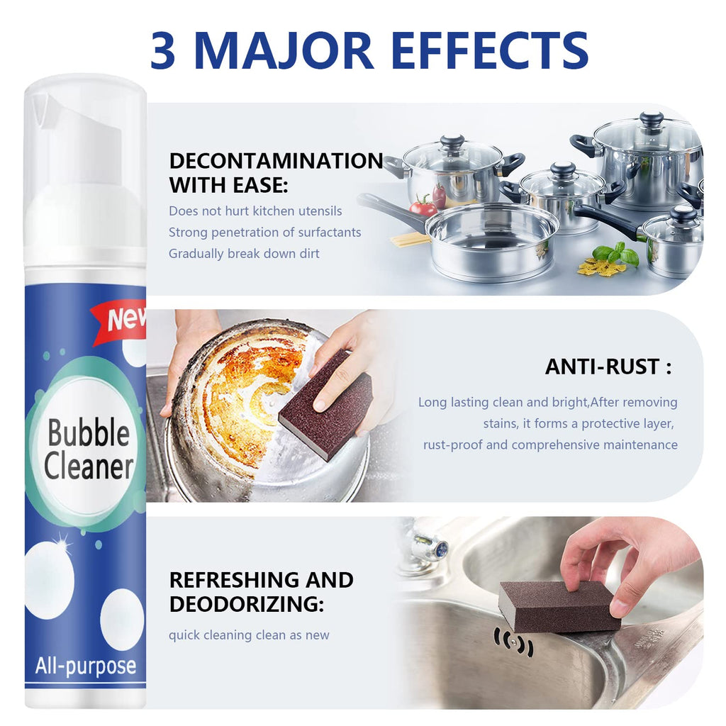 Rednow (100ML*3PCS) Bubble Cleaner Foam,Foaming Heavy Oil Stain Cleaner,All-Purpose Rinse-free Cleaner Spray,Kitchen Deep Cleaning Spray,Powerful Stain,Stubborn Grease & Grime Remover Bubble Spray