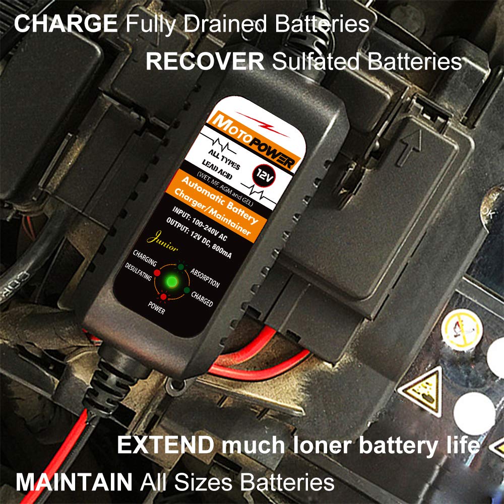 MOTOPOWER MP00205A 12V 800mA Automatic Battery Charger, Maintainer, Trickle and Desulfator