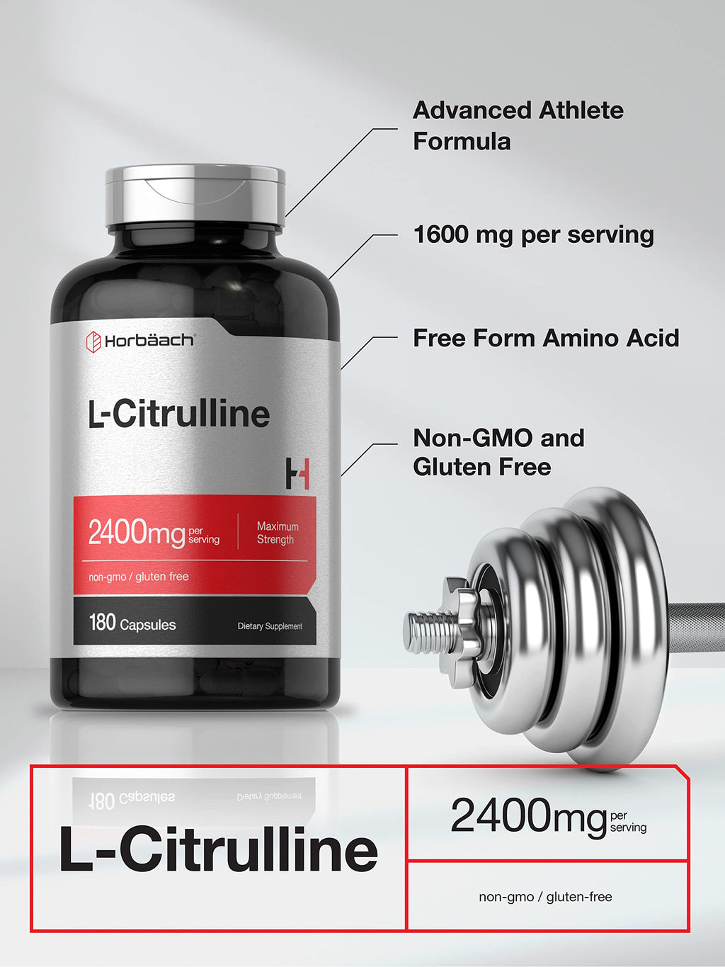 Horbaach L Citrulline Supplement for Men and Women | 2400 mg | 180 Capsules | Maximum Strength and Free Form | Non-GMO, Gluten Free